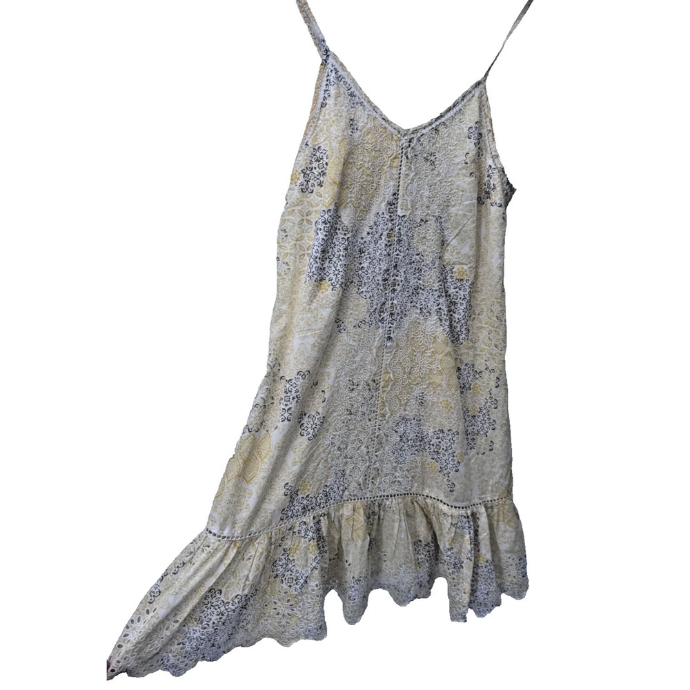 Rachel Zoe Yellow Gray Boho Cotton Dress Eyelet Lace Hem Smocked‎ M cottage